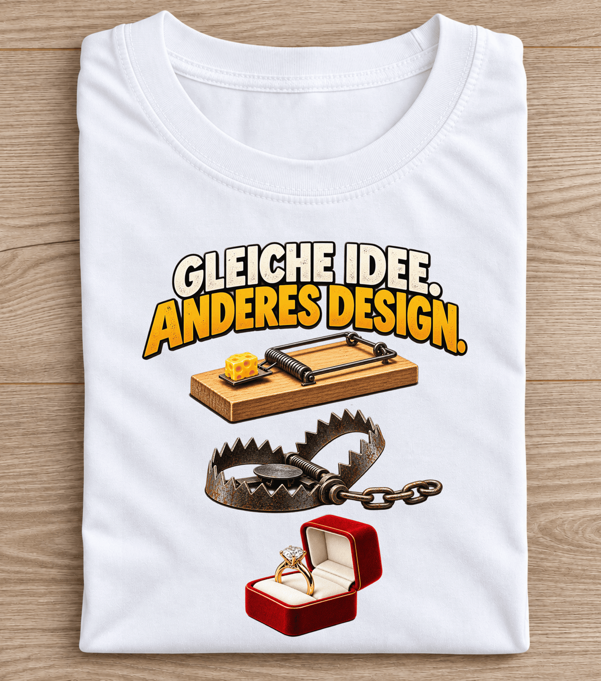 Gleiche Idee, anderes Design – lustiges deutsches T-Shirt mit Trap-Humor-Motiv