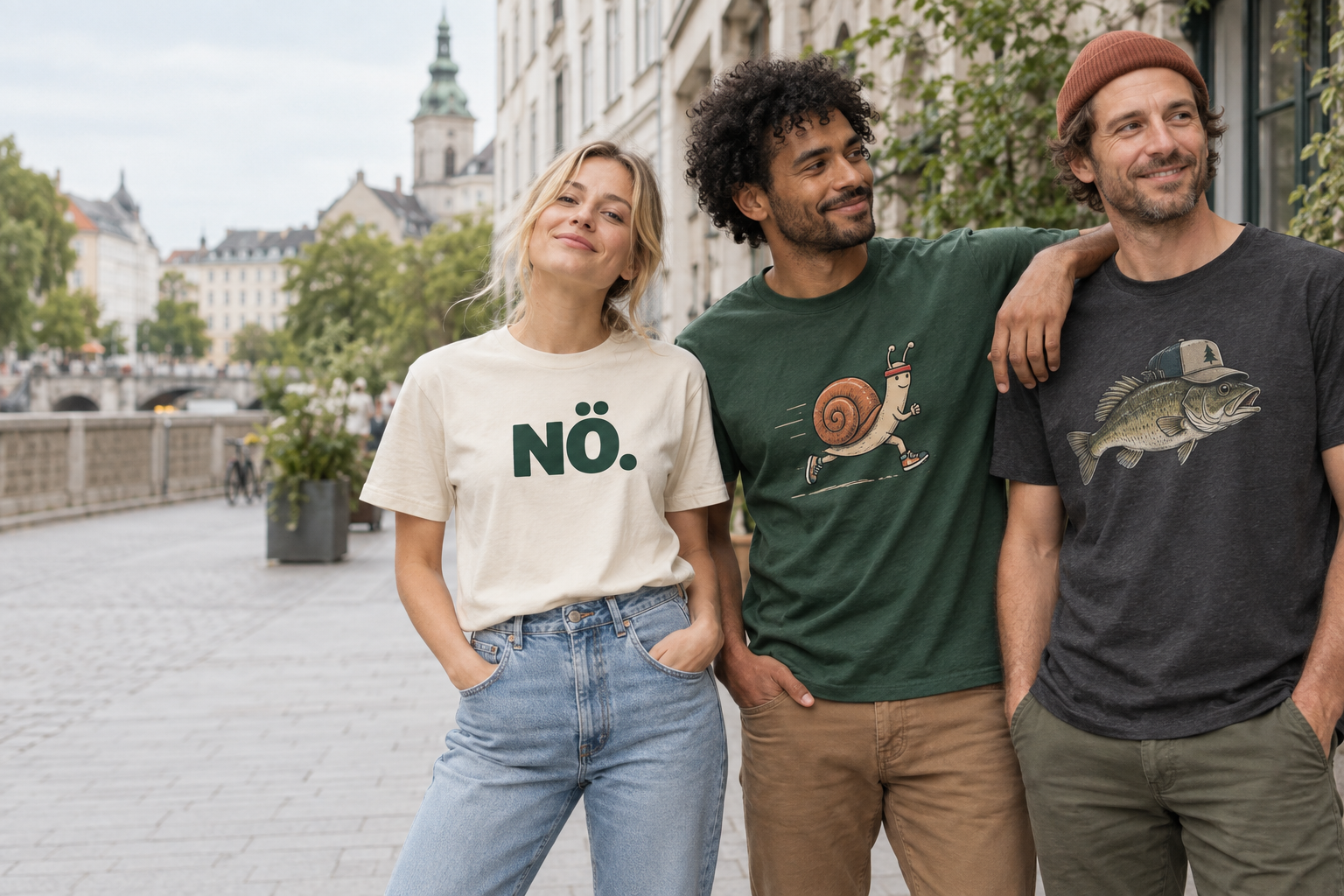 Friends wearing RitaTee local humour, character and fishing graphic T-shirts in a European city